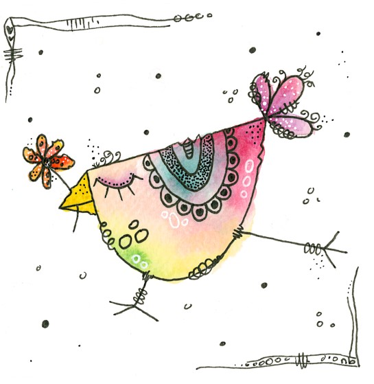 QU-00009 quadratische Karte Vogel mit Blume