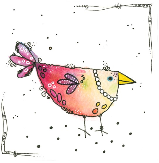 QU-00010 quadratische Karte Vogel mit Perlenkette